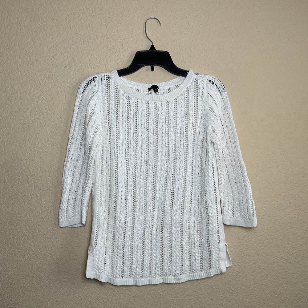 Talbots Womens Medium White Linen Blend Crewneck Crochet Knit‎ Sweater Split Hem